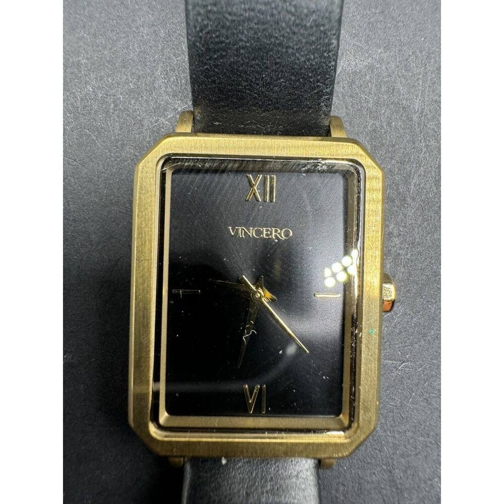 Vincero Ava Gold Tone Black Dial Black Leather Strap Women's Rectangle Watch